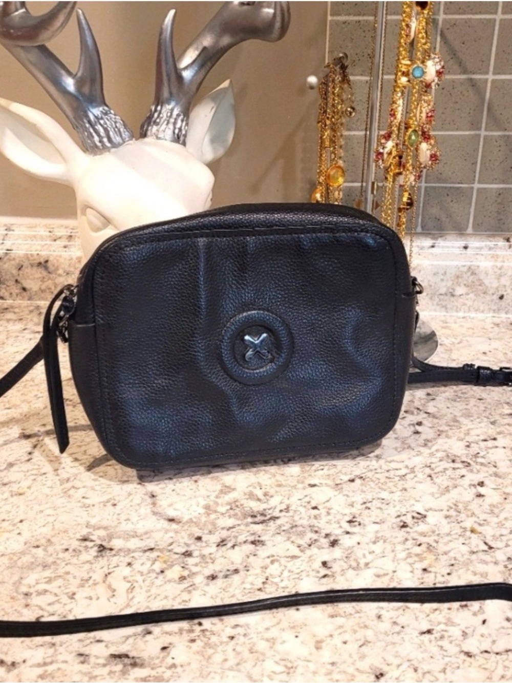 Mimco Black Leather Crossbody Bag with Signature Button Detail EUC